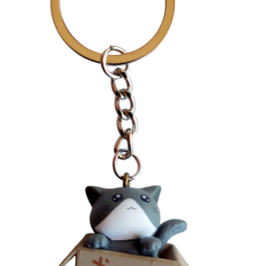 Llavero de gatito gris en caja